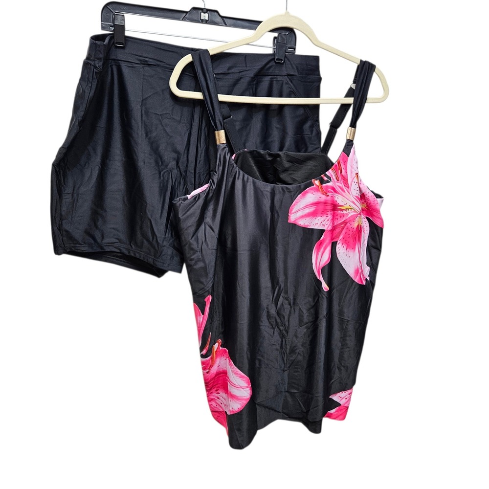 Arolina Tankini Swimsuit Women 22W‎ Black Pink Floral Lily Shorts with Pockets